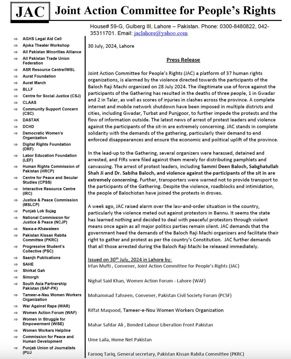 JAC is alarmed by the violence directed towards the Baloch Raji Machi. JAC demands that all those arrested during the Baloch Raji Machi be released immediately.

<a href="/BalochYakjehtiC/">Baloch Yakjehti Committee</a>

#GwadarIsUnderSiege #WeSupportBalochRaajiMuchi #BalochNationalGathering