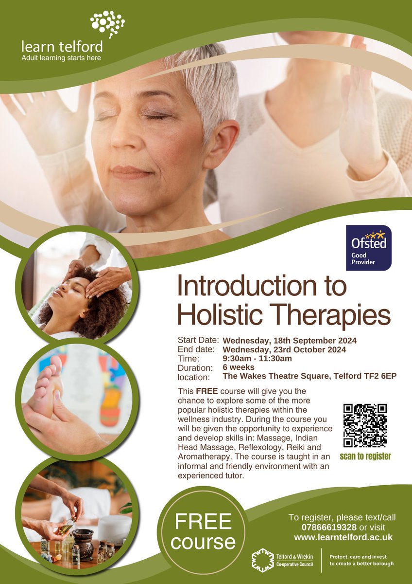 Have you ever considered learning about Holistic Therapies? Learn Telford are holding a 6 week course at The Wakes, this September!

To register or for more information please text/call 07866619328 or visit learntelford.ac.uk