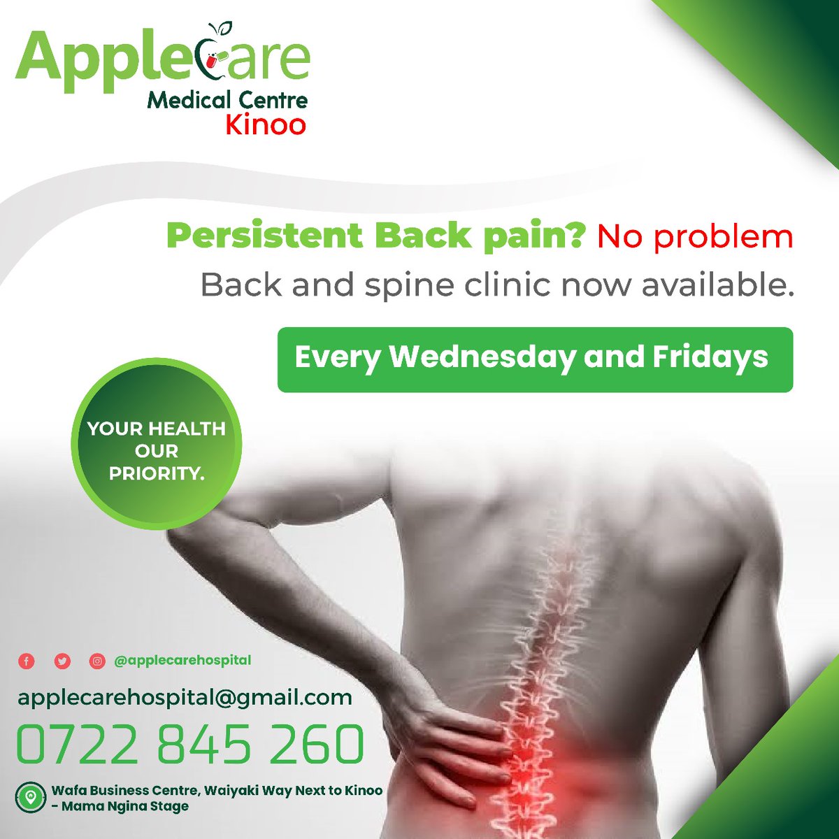ApplecareH61618's tweet photo. for that persistent back pain, visit our spine clinic every Wednesdays and Fridays. we are located along Waiyaki way near Kangemi. Call 0722 845 260 #backpain https://t.co/LozTHmWU9A