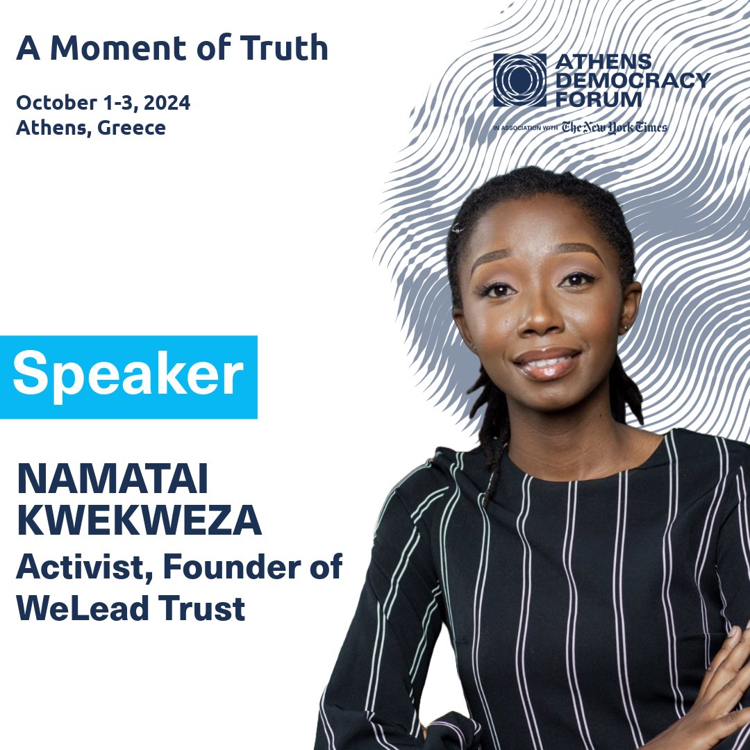 ForumAthens's tweet image. Namatai Kwekweza (@namataik_), a Zimbabwean pro-democracy activist and feminist, brings over seven years of experience in community organizing and human rights advocacy, focusing on youth and women's rights. 
📅 1-3 October 2024
🔗Register here: tinyurl.com/2024ADF