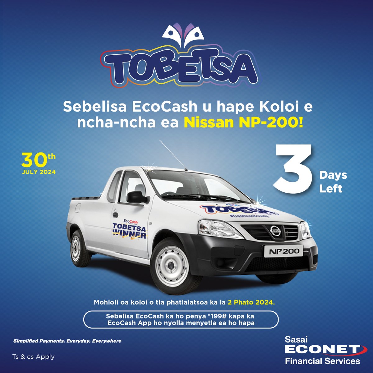 econetlesotho's tweet photo. Vroooom vroooom 🚘
The sound of your brand new car when you place the key into the ignition.
This is only possible if you are using EcoCash to pay bills and school fees.

Remember, a lucky winner will be announced this Friday.

#EcoCashTobetsa #SimplifiedPayments #CashlessSociety https://t.co/2ffpv48nKg