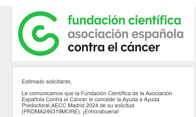 Muchas gracias a la AECC @ContraCancerES por conceder una Ayuda Predoctoral a Rocío Moreno (@AreaUCM) para  desarrollar nuevas terapias basadas en microRNAs e intentar mejorar las opciones del tratamiento de los linfomas non-Hodgkin.