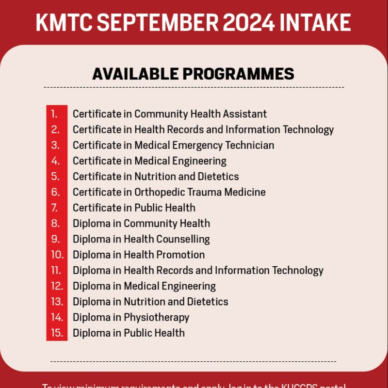KUCCPS_Official's tweet photo. FYI: Application for KMTC September 2024 Intake is on and 15 diploma and certificate courses are still available. The courses are filling up quickly, so don't be left out!
For details, click the link: https://t.co/HKs7RmgG5h https://t.co/fQiuOWWHkD