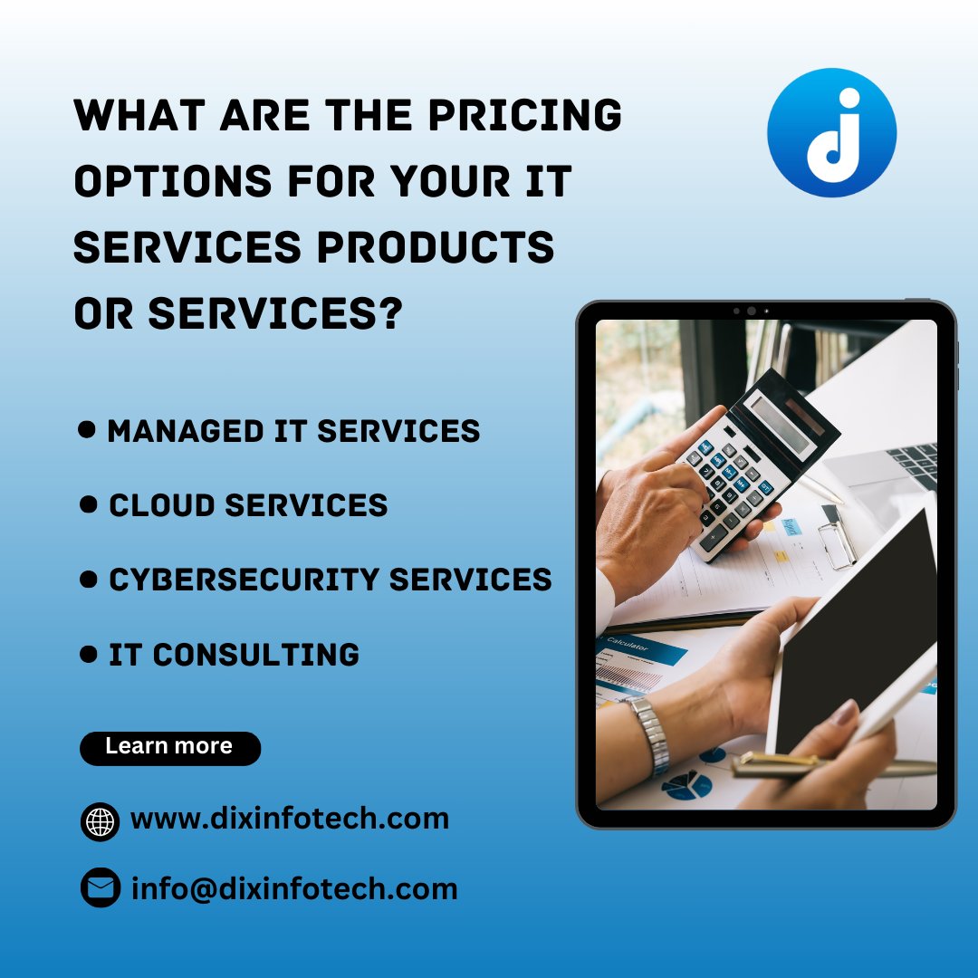 dixinfotech's tweet photo. Managed IT Services
Cloud Services
Cybersecurity Services
IT Consulting
If you have specific IT services in mind or need detailed pricing from particular providers, I can help you find that information as well. #ITServices #TechSolutions  #BusinessGrowth #FlexiblePricing https://t.co/bUZq2fpOI9