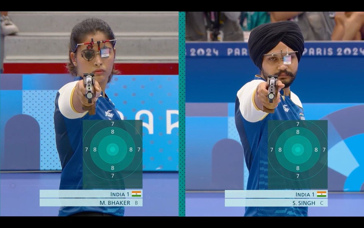 Imronitghosh's tweet photo. Congrats to @realmanubhaker and Sarabjot Singh for winning the bronze medal in the 10m air pistol mixed team event. This is his second consecutive Olympic medal for Manu. Cornish for his consistent excellence and dedication. 
#Cheer4Bharat #Olympics #Paris2024 #OlympicGames https://t.co/kLm98d9Z0R