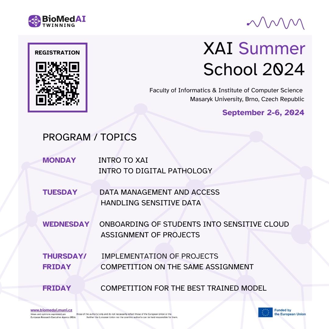 muni_ics's tweet photo. XAI Letní škola 2024 startuje na začátku září 🗓️

Společně s @FI_MUNI pořádáme v Brně od 2. do 6. září 2024 letní školu zaměřenou na vysvětlitelnou umělou inteligenci (XAI) v digitální patologii 🤖🩺Více tady ➡️ https://t.co/aAkWsk0AXw https://t.co/VqMqmOCfYk