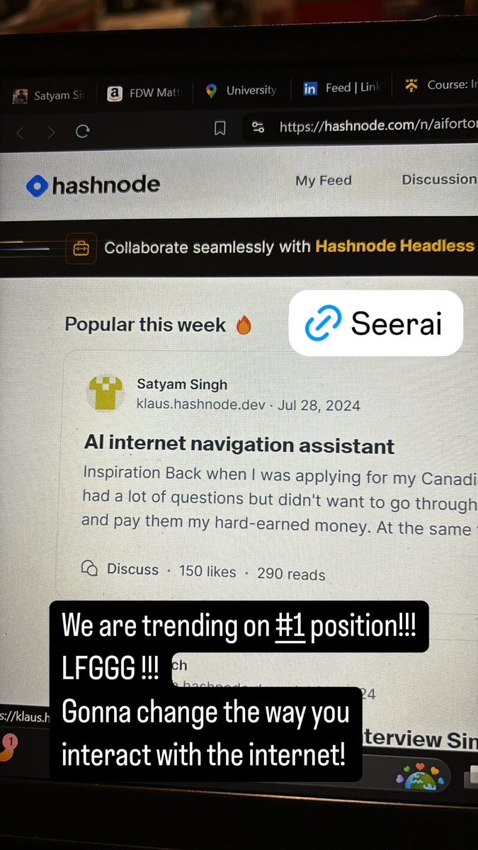 KlausCodes's tweet image. We are trending on top for the #AIForTomorrow hackathon by @hashnode !!!
Check it out if you haven’t yet using the link below!
Gonna change the way you interact with the web!