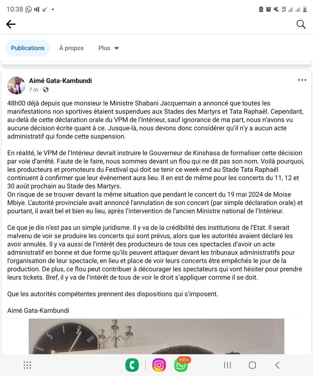 48h00 déjà depuis que le Ministre J. Shabani a annoncé que ttes les manifestations non sportives étaient suspendues aux Stades des Martyrs et Tata Raphaël. Cependant, au-delà de cette déclaration orale du VPM de l’Intérieur, sauf ignorance de ma part, rien n'est fait concrètement