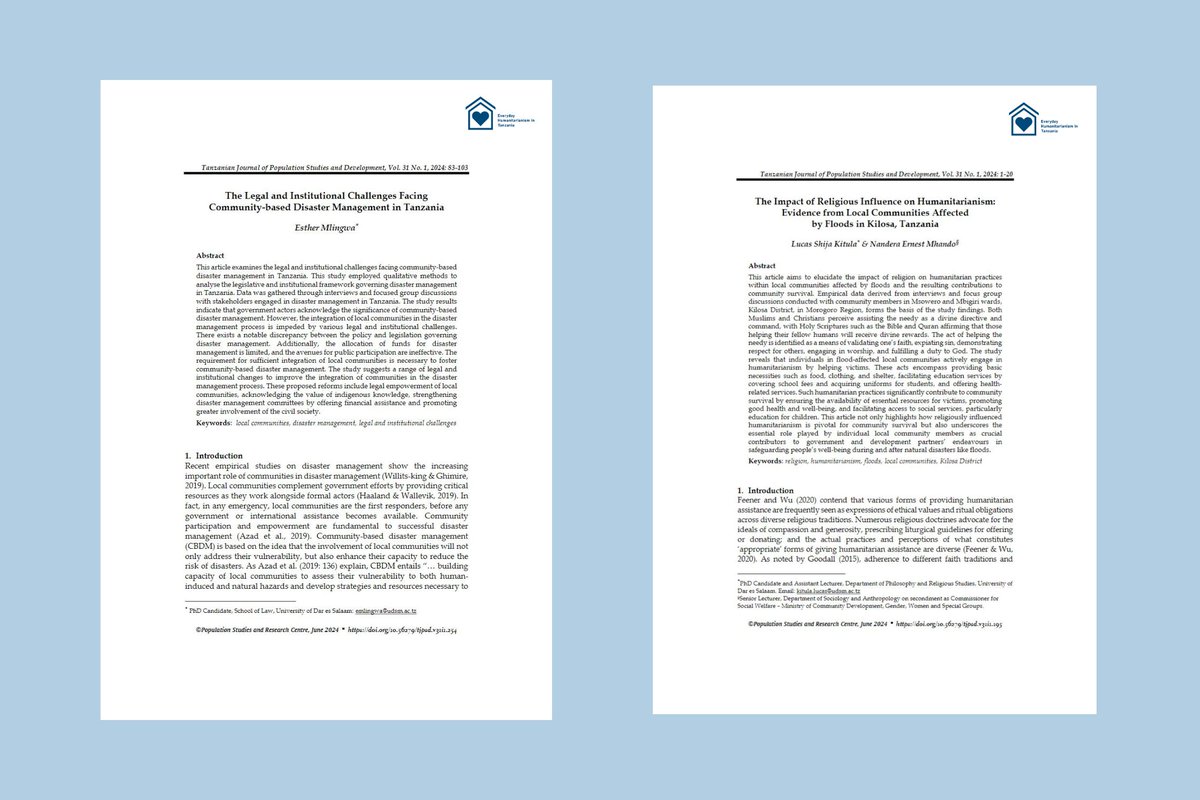 Great news! Esther Mlingwa &amp; Lucas Kitula from #EHTZ have each published an article in the 31st volume of the Tanzania Journal of Population Studies and Development. Read them here: tjpsd.udsm.ac.tz/index.php/tjps…

<a href="/UdsmGeography/">Geography_UDSM</a> <a href="/BrandAid_World/">Lisa Ann Richey</a> #Humanitarianism #Tanzania