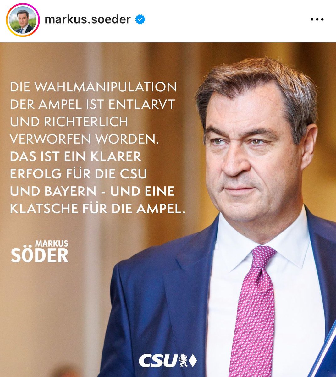Für <a href="/Markus_Soeder/">Markus Söder</a> ist die „Wahlmanipulation (…) entlarvt und richterlich verworfen worden“. Für das #BVerfG dagegen ist das #Wahlrecht überwiegend verfassungskonform. Ich bin kein Fan der #Wahlrechtsreform, aber der Populismus der CSU ist unerträglich &amp; demokratieschädigend.