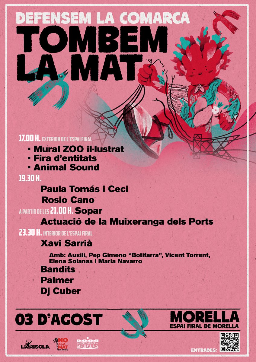 ▶️Ací teniu els horaris de les jornades d'este dissabte a Morella per autogestionar la demanda popular contra la MAT dels Ports

Per la vesprà fara calor🌞i a la nit fresqueta⛄️ Així que veniu preparades🕶️👙🧥🤠

🎟️Entrades i aportacions "fila zero" ací👇
entradas.codetickets.com/entradas/tombe…