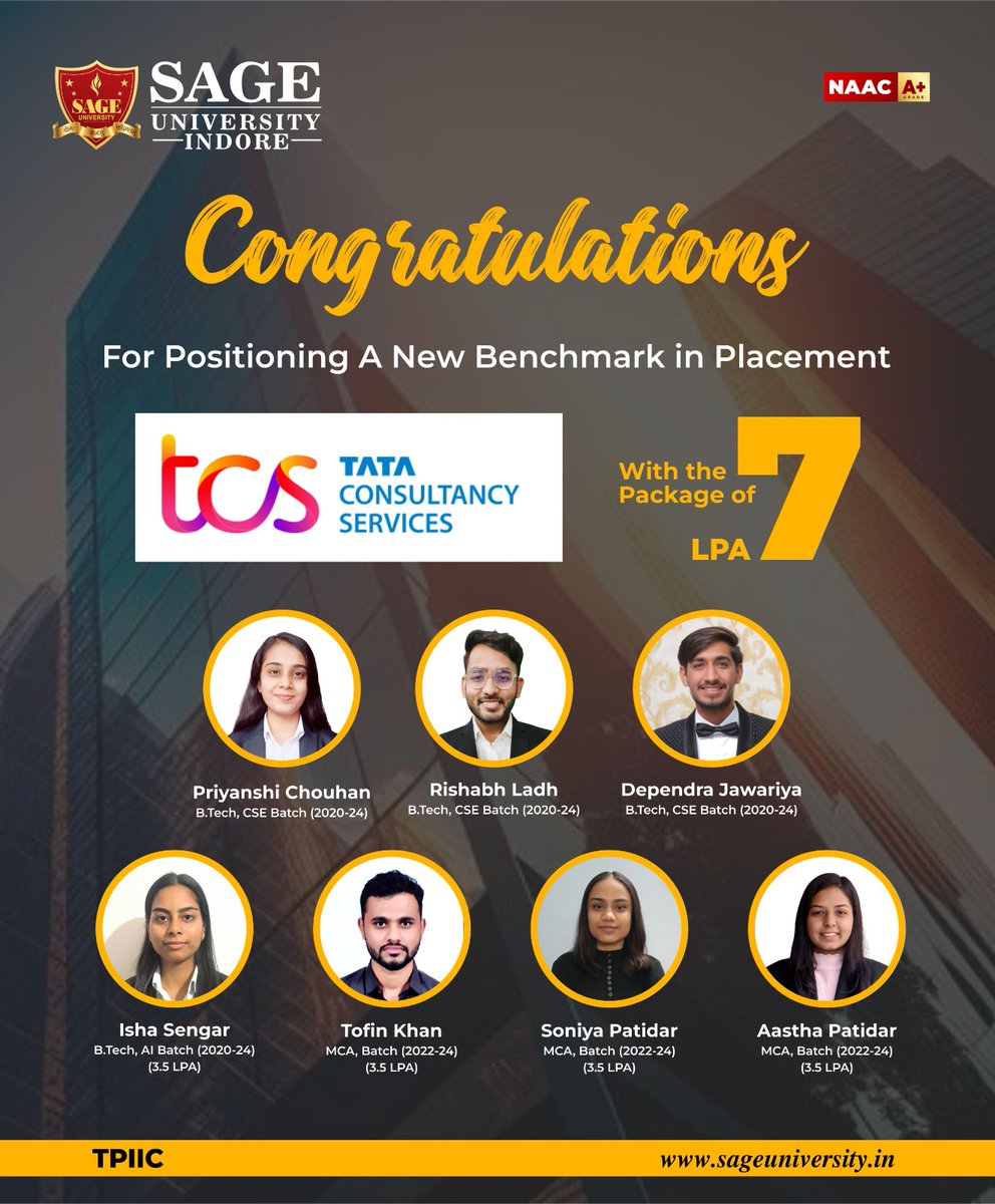 SAGE_INDORE's tweet image. Congratulations to our brilliant students on their placement at TCS!
11 Selections!
 #SAGEUniversityIndore #TCSPlacement #Congratulations #CareerSuccess #ProudMoment