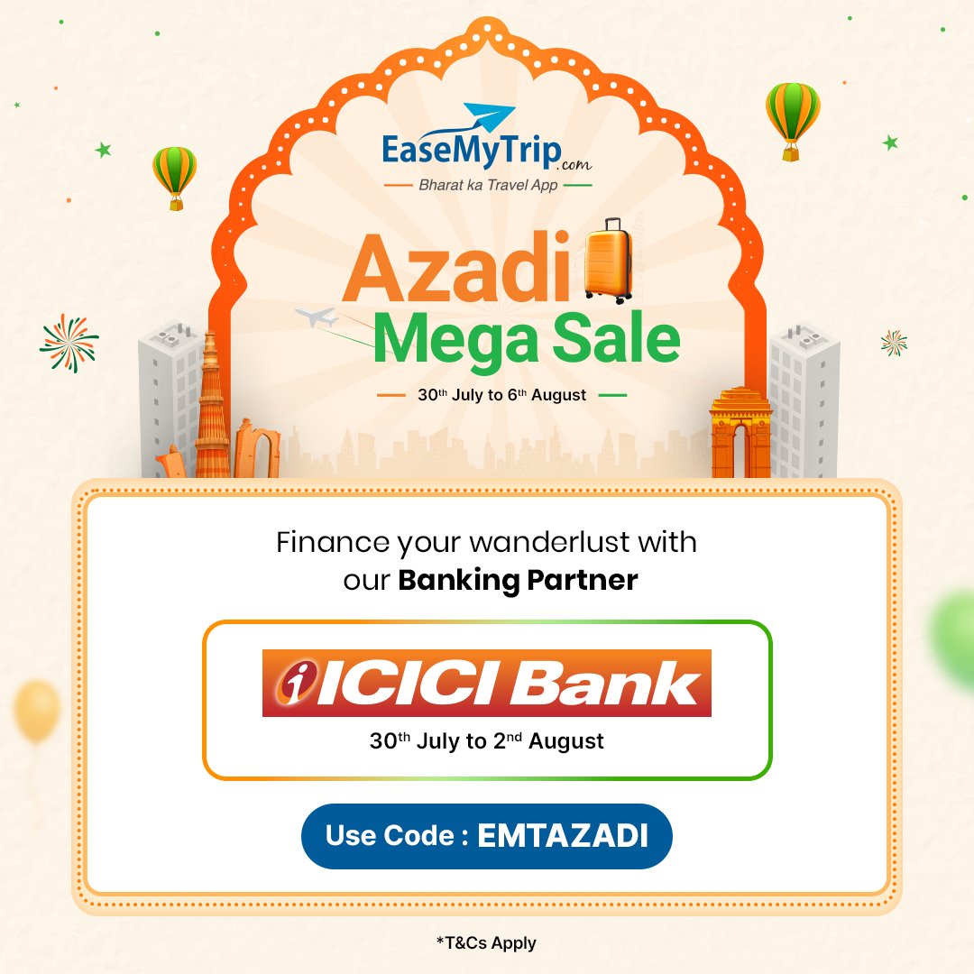 EaseMyTrip's tweet photo. Freedom and adventure are just a click away!✈️
Celebrate Azadi with unbeatable deals from our bank partners
Let's celebrate Azadi together!
#AzadiMegaSale #TravelDiscounts #BankPartners #EaseMyTrip https://t.co/XPWidh5ZRw
