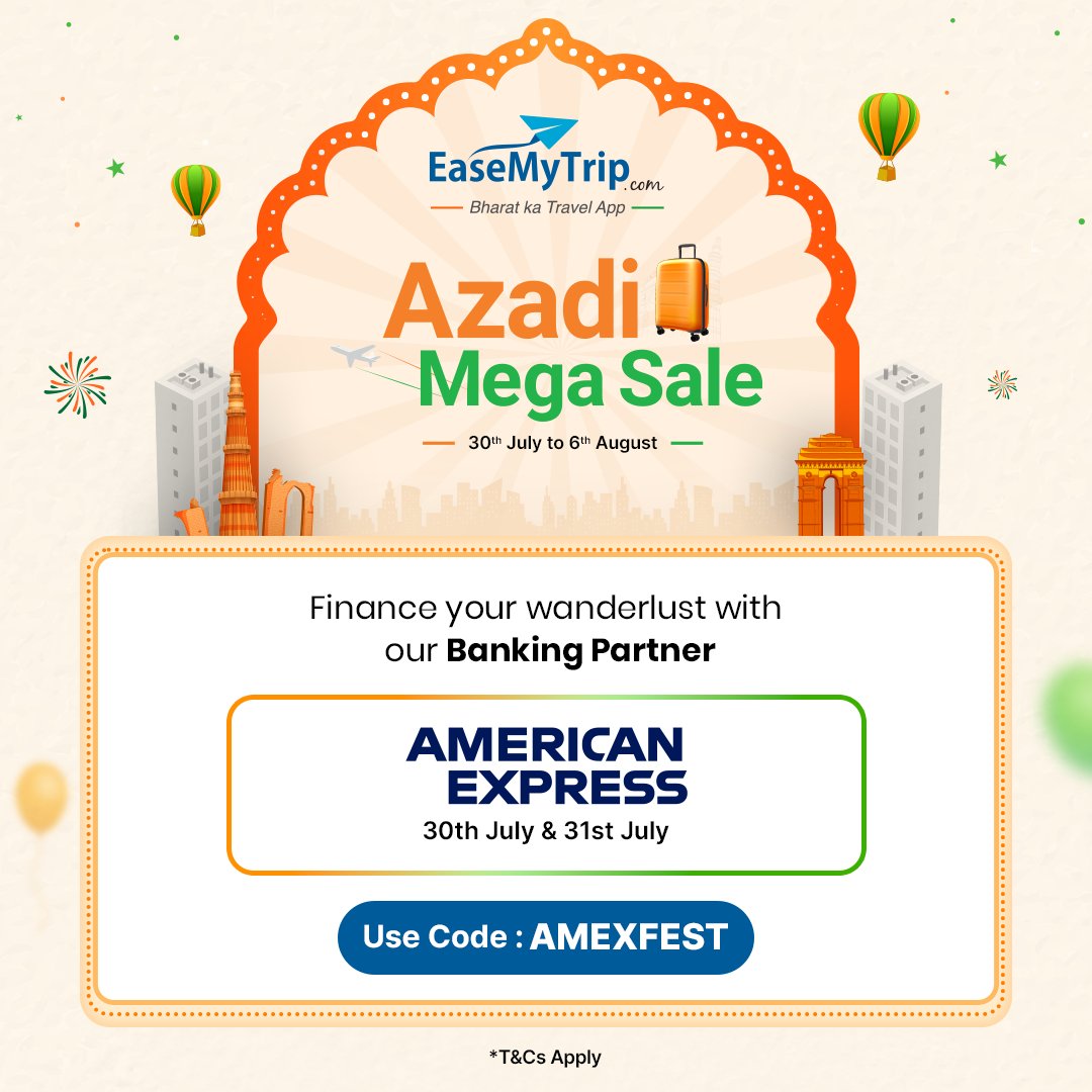 EaseMyTrip's tweet photo. Freedom and adventure are just a click away!✈️
Celebrate Azadi with unbeatable deals from our bank partners
Let's celebrate Azadi together!
#AzadiMegaSale #TravelDiscounts #BankPartners #EaseMyTrip https://t.co/XPWidh5ZRw