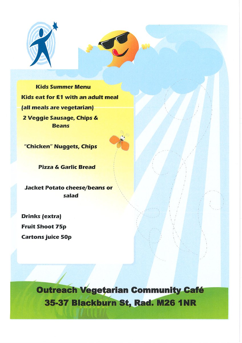 OutreachSupport's tweet image. Summer offer at Outreach Vegetarian Café, kids eat for £1 with an adult meal.
Daily specials available.
Opening hours Mon- Thurs 10am-3pm