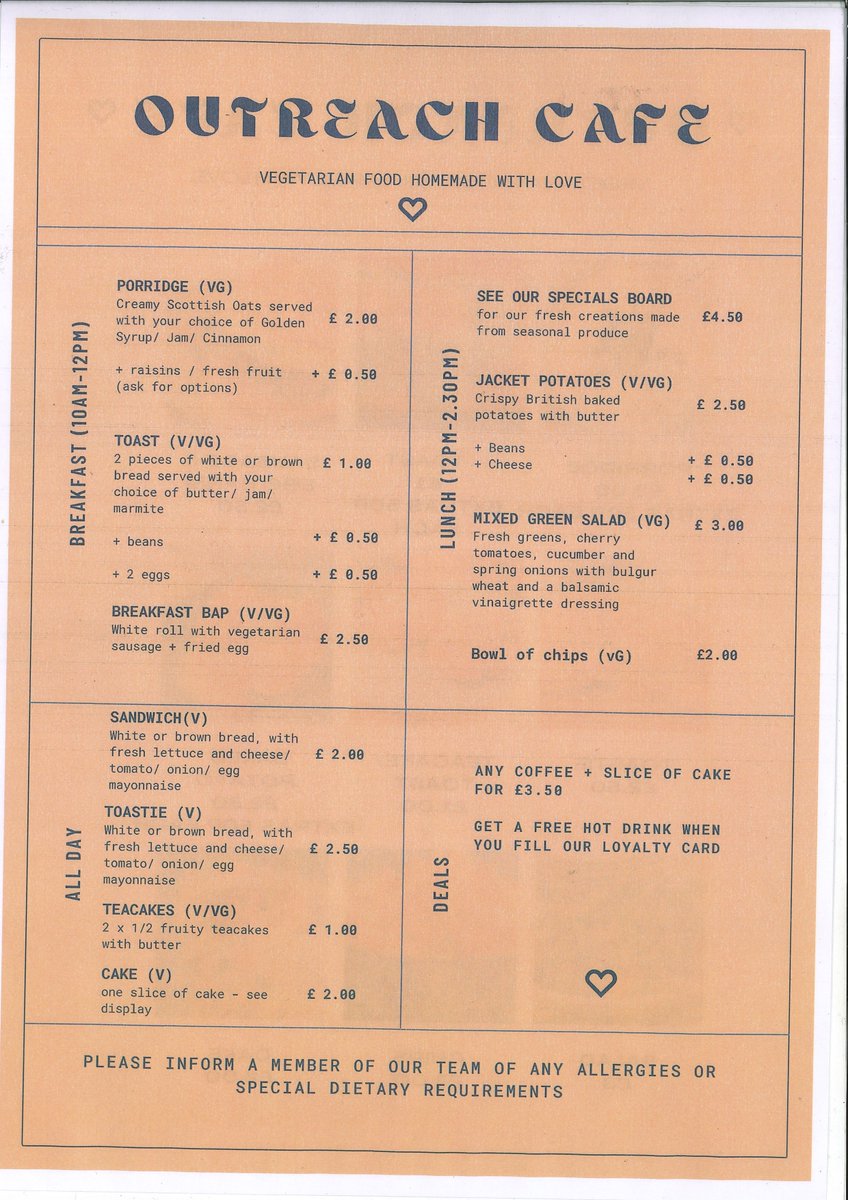 OutreachSupport's tweet image. Summer offer at Outreach Vegetarian Café, kids eat for £1 with an adult meal.
Daily specials available.
Opening hours Mon- Thurs 10am-3pm