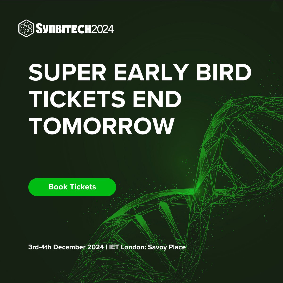 SynbiCITE's tweet image. Last chance to secure your SUPER EARLY BIRD ticket to #SynbiTECH24!
Save 50% on general admission tickets and join a hub of professionals who are building a multibillion dollar #synbio industry with positive impact. 🌍 🌱
Buy tickets here: synbitech.com/book-tickets
