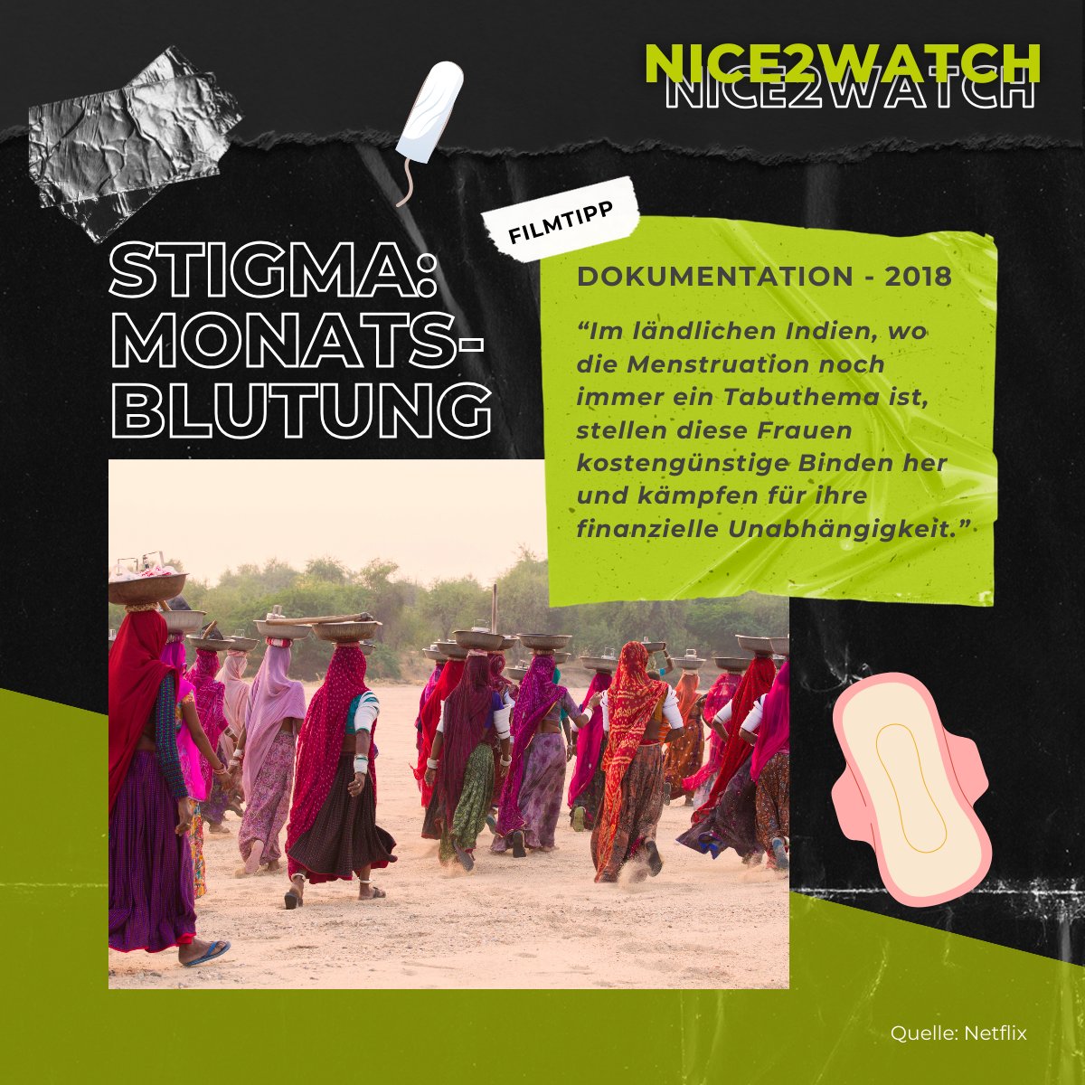 talk2moveBERLIN's tweet photo. Kein neues Thema, aber kürzlich ist auf Netflix die Dokumentation „Stigma Monatsblutung“ erschienen und widmet sich mutig einem nach wie vor tabuisierten Thema: der #Menstruation. 🩸 Schaut euch diese berührende 25-minütige #Dokumentation an! ❤️ #indien #periodpositive #filmtipp https://t.co/hmKkxcVmAb