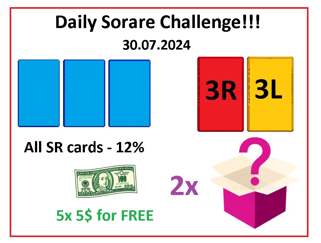PawelTrader_'s tweet image. Its time for Daily @Sorare Challenge 30.07.2024 📢

1⃣ 3 Rare &amp;amp; 3 Limited random cards and 2 Surprise Prizes for 8 people who make at least one transaction with me within 24 hours. 🔥
2⃣ Swap all my Super Rare Cards for 117% of Your cards value🔝
3⃣🆓5$ for 5 random people - just…