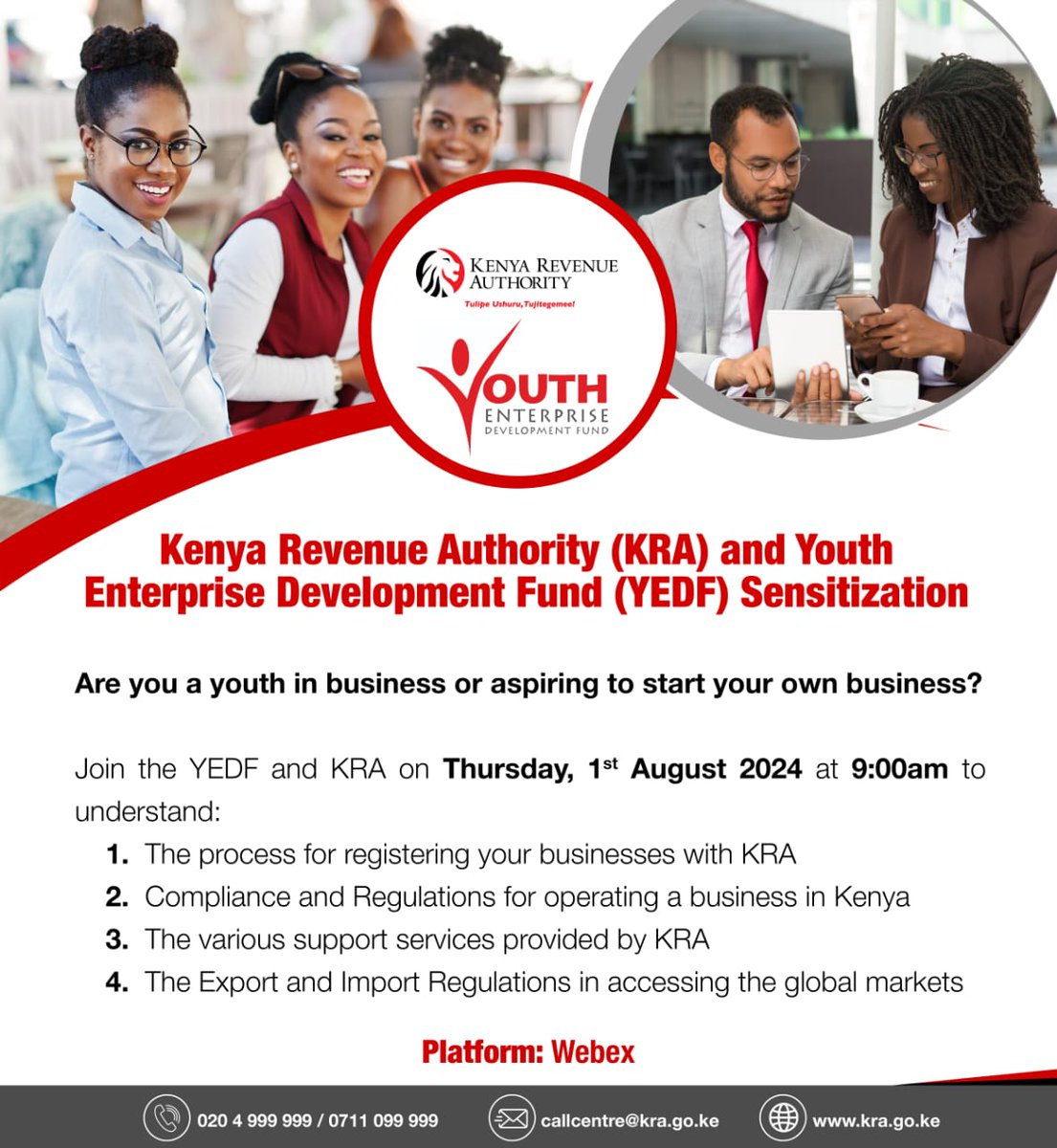 Youth Fund &amp; <a href="/KRACare/">KRA Care</a> invites youth entrepreneurs and those aspiring to a free online training this Thursday, 1st Aug 2024, 9AM. 

Learn how to register your business with KRA, compliance, KRA support services and import/export regulations. 

Register; shorturl.at/Hpc5n