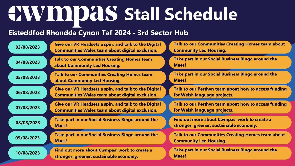 Can't wait for #steddfod2024 next week! 

Pop along to our stand in the 3rd Sector Hub to have a go on our virtual reality headsets, win a prize in our Social Business Bingo, and talk to the team about our vital work!

Here's what's happening on the stondin 👇