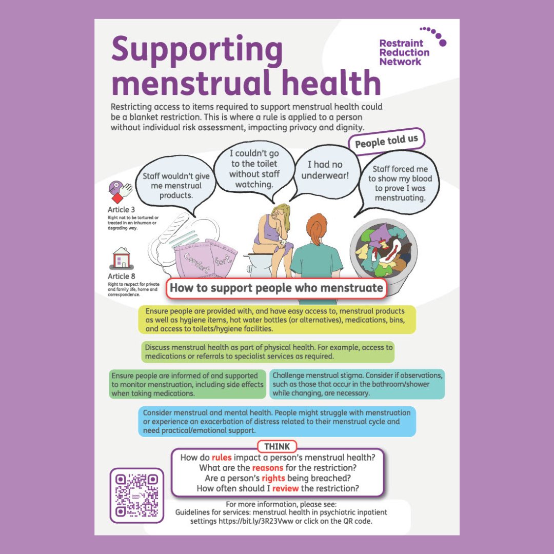 Restraint Reduction Network (@therrnetwork) on Twitter photo The RRN were pleased to coproduce a new 'Supporting Menstruation' resource with <a href="/hatporter/">Hat #StopSIM #StopOxevision 🏳️🌈🏳️⚧️🩸</a>, explaining Hat's research into experiences of #MenstrualHealth in inpatient settings with a focus on restrictive practices.
View at bit.ly/RRNSMH
#BlanketRestrictions The RRN were pleased to coproduce a new 'Supporting Menstruation' resource with <a href="/hatporter/">Hat #StopSIM #StopOxevision 🏳️🌈🏳️⚧️🩸</a>, explaining Hat's research into experiences of #MenstrualHealth in inpatient settings with a focus on restrictive practices.
View at bit.ly/RRNSMH
#BlanketRestrictions