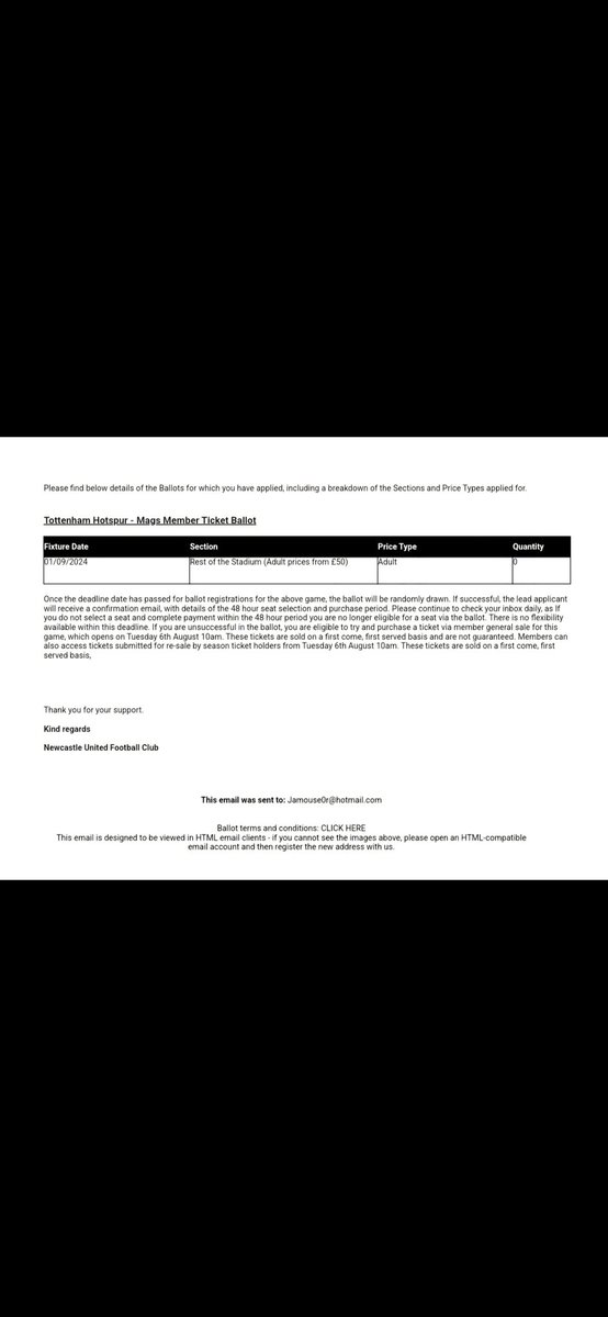 Anyone got a confirmation email from #nufc  for the Tottenham ballot with 0 quantity on despite the nufc website showing 1 ticket requested? <a href="/nufctrust/">Newcastle United Supporters Trust</a>