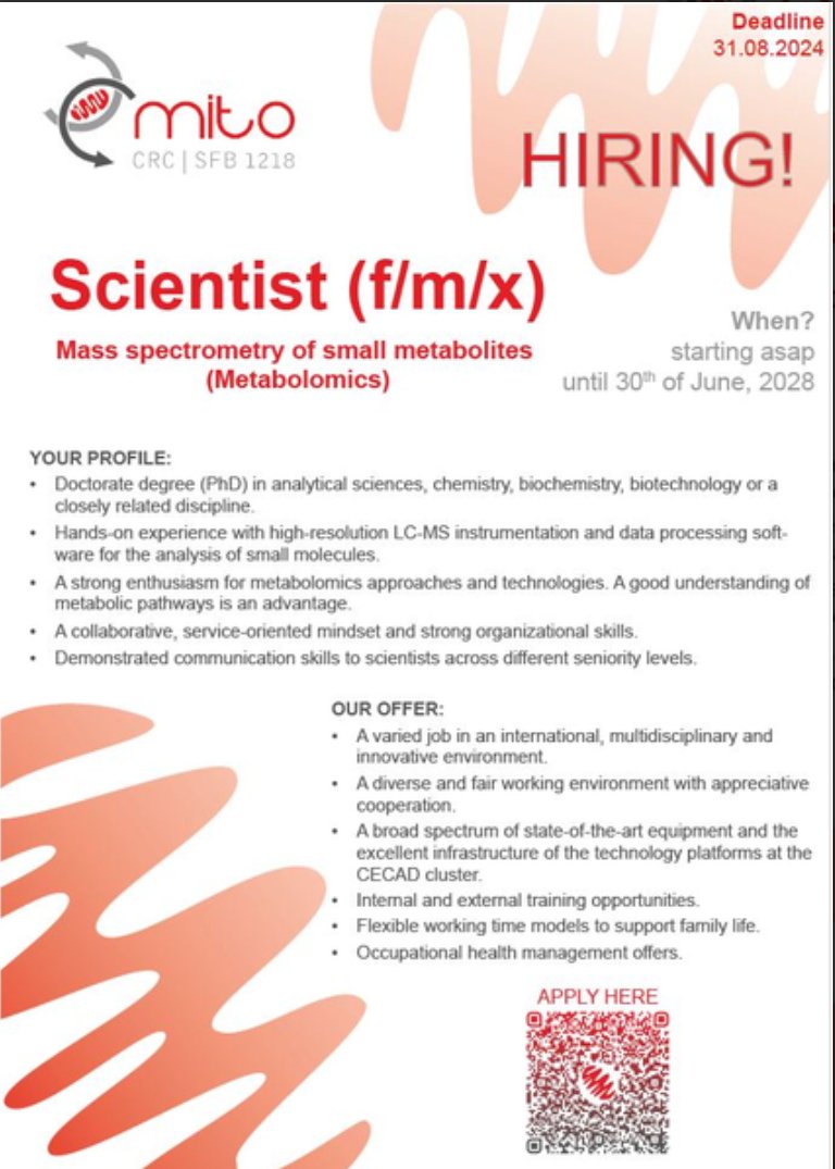 FrezzaLab (@frezzalab) on Twitter photo As mentioned some time ago, there is an opening for a mass spec specialist (post-doc) working between our lab and the metabolomics facility <a href="/CECAD_/">CECAD Cologne</a> to support the Bioanalytical Platform of @CRC1218, sfb1218.uni-koeln.de
Send your applications here: jobs-uk-koeln.de/index.php?ac=j… As mentioned some time ago, there is an opening for a mass spec specialist (post-doc) working between our lab and the metabolomics facility <a href="/CECAD_/">CECAD Cologne</a> to support the Bioanalytical Platform of @CRC1218, sfb1218.uni-koeln.de
Send your applications here: jobs-uk-koeln.de/index.php?ac=j…