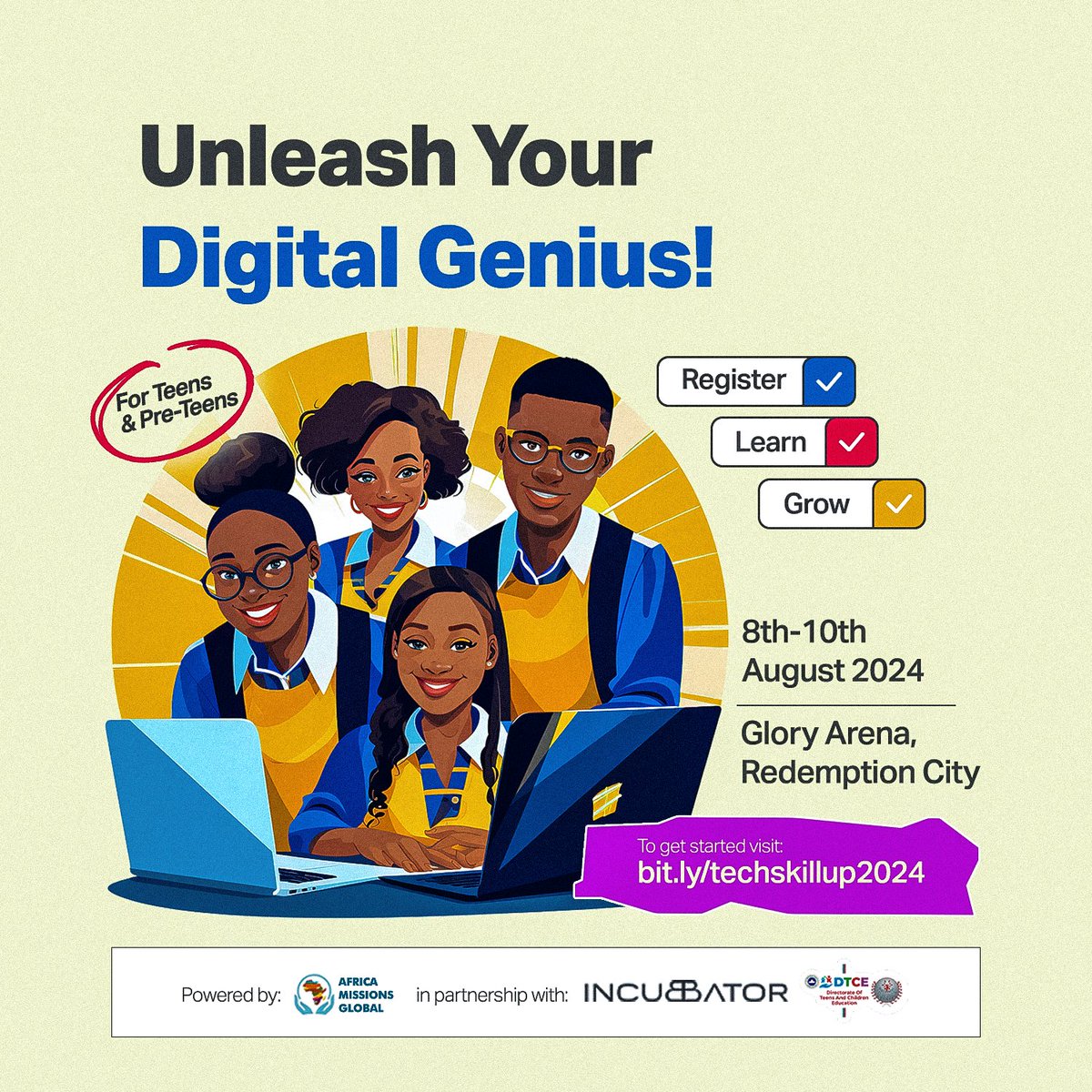 theincubator_ng's tweet photo. Are you a teen ready to unleash creativity and develop digital skills?
Join us for an unforgettable experience designed to boost your digital skills from 8th-10th August 2024 @ the Glory Arena, Redemption City.
Register today via https://t.co/06V1EkAi1s
#SkillUp #TechTeens https://t.co/TorwuAx6Wx