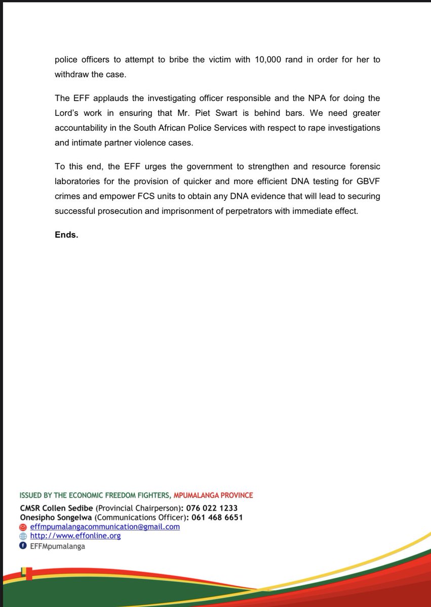 The EFF in Mpumalanga welcomes the conviction and 10 years imprisonment of Mr. Piet Swart (51), for the rape of a 47-year-old woman who was his domestic worker on his farm in Mkhondo.