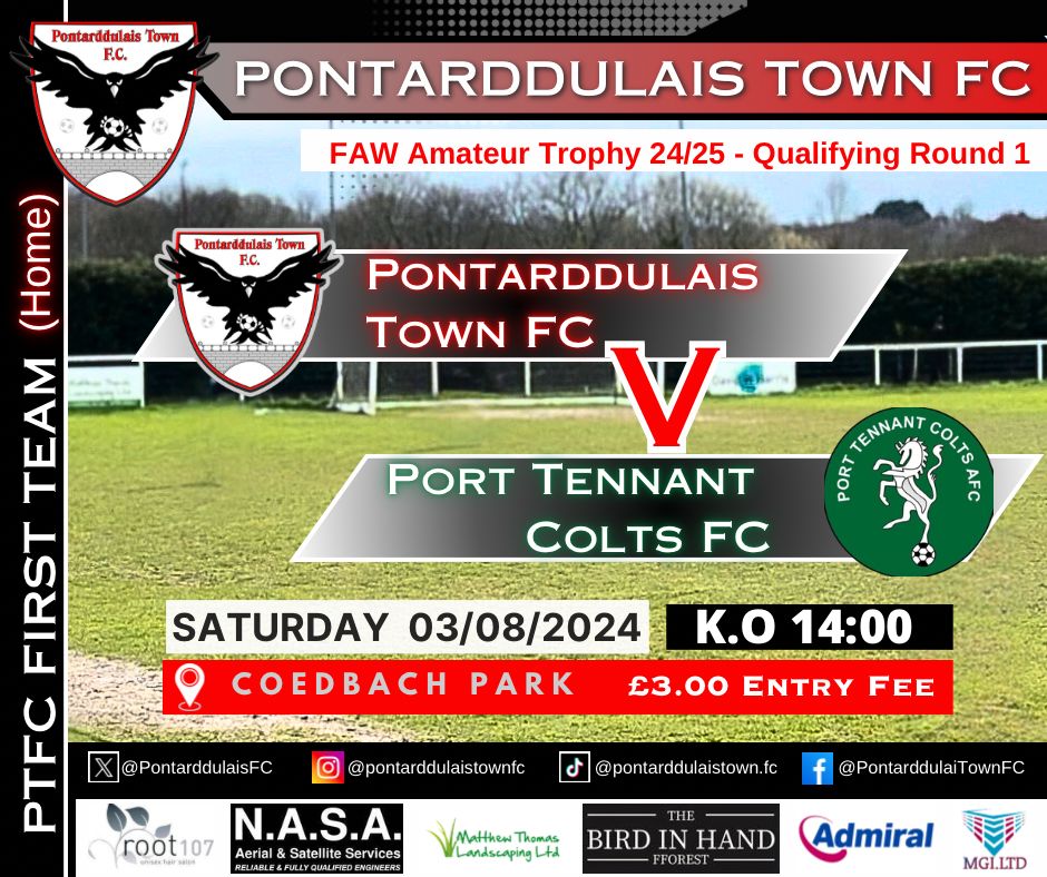 Pontarddulais Town Football Club (@pontarddulaisfc) on Twitter photo First Team cup action again this Saturday as we face <a href="/Ptcolts123/">Port Tennant Colts</a> at Coed Bach Park. First Team cup action again this Saturday as we face <a href="/Ptcolts123/">Port Tennant Colts</a> at Coed Bach Park.