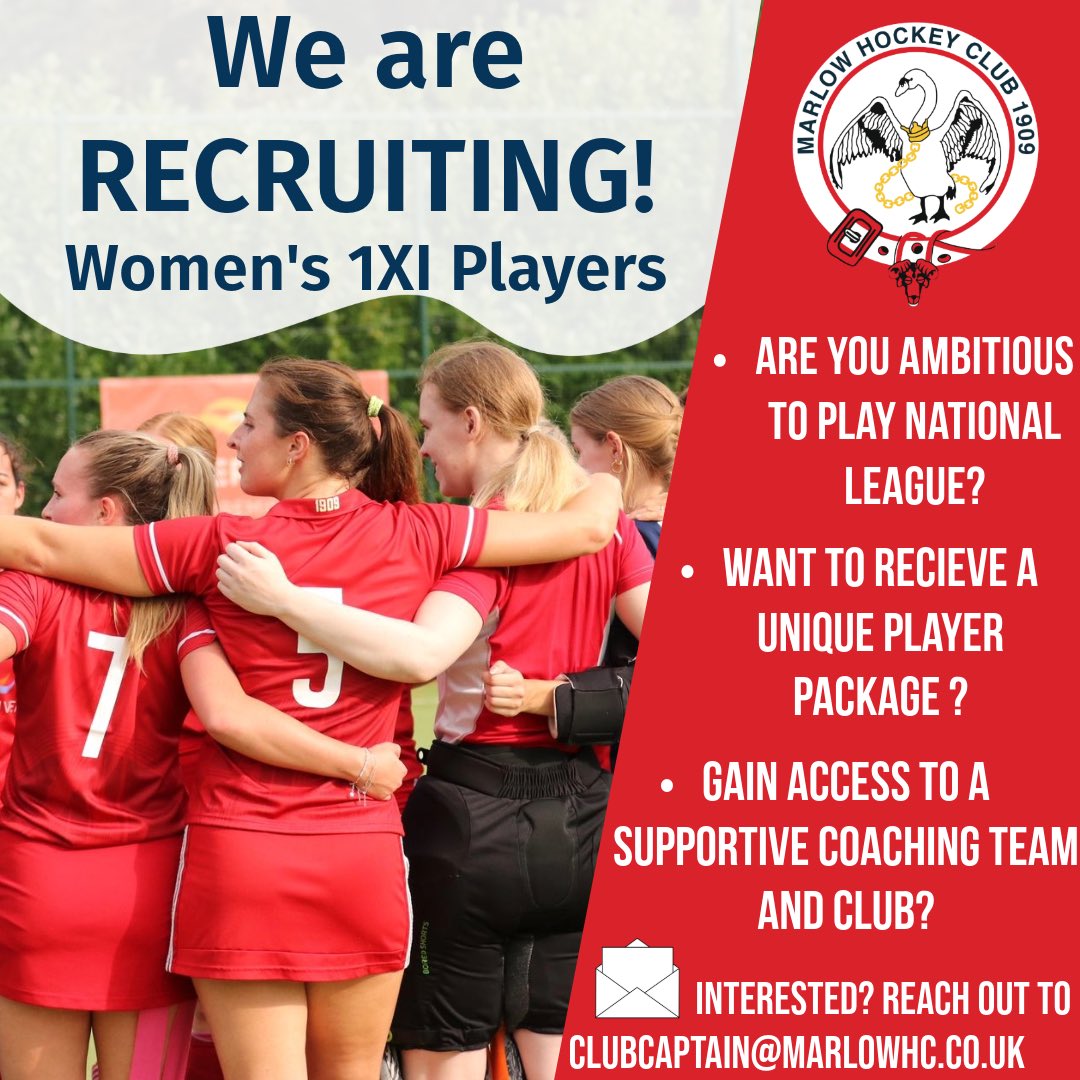 MarlowHC's tweet photo. 🚨WE ARE RECRUITING 🏑

There is still time to come and join our fantastic women’s 1st X1 team for the 2024-2035 season, who shall be playing in National League! We would love to see you at our preseason training to have a taste of what to expect for the season ahead 🥳❤️ https://t.co/O4mxRUDK7G