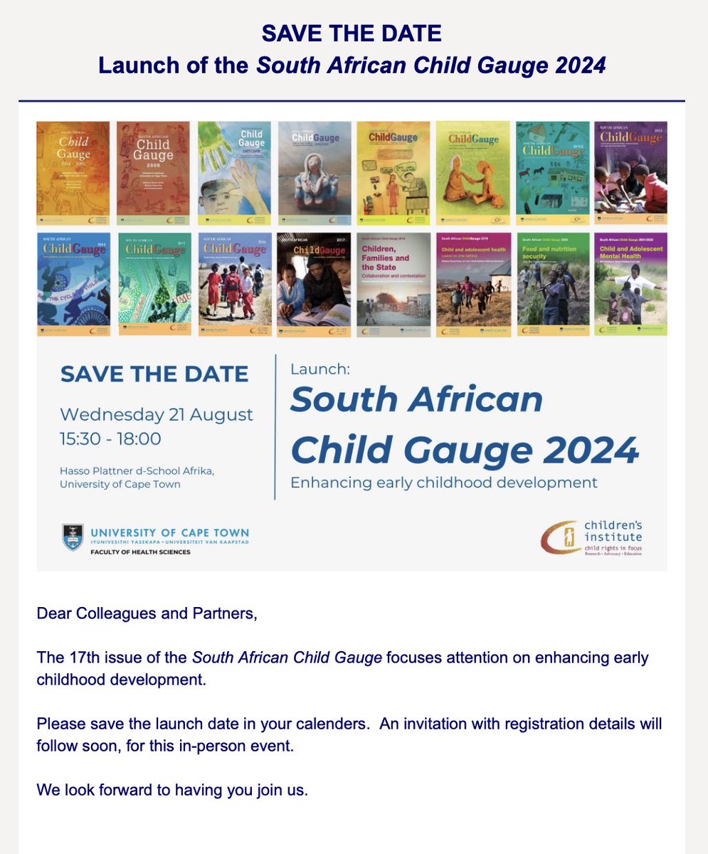 SAVE THE DATE 🗓️ Launch of the 2024 Child Gauge! With a chapter from our teams’ @markskeptic, Marguerite Marlow, <a href="/yeukai001/">yeukai chideya</a> and Tatenda Mawoyo. More info to follow! <a href="/CIatUCT/">Children's Institute, University of Cape Town</a>