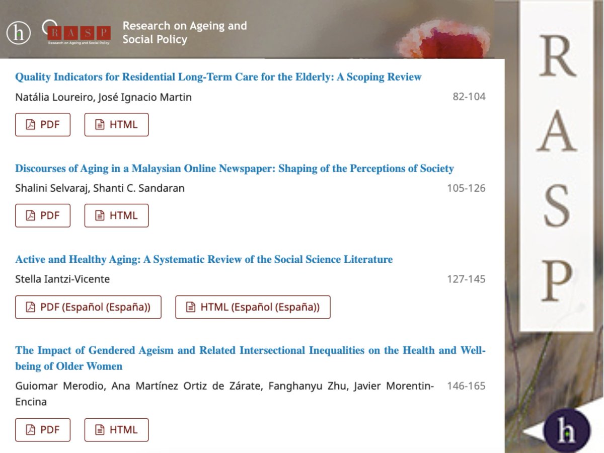 📣📣Do not miss the latest issue in Research on Ageing and Social Policy #RASP

New significant contributions to the understanding and improvement of the social policies related to ageing and the life course ‼️

Check the full content 📍hipatiapress.com/hpjournals/ind…