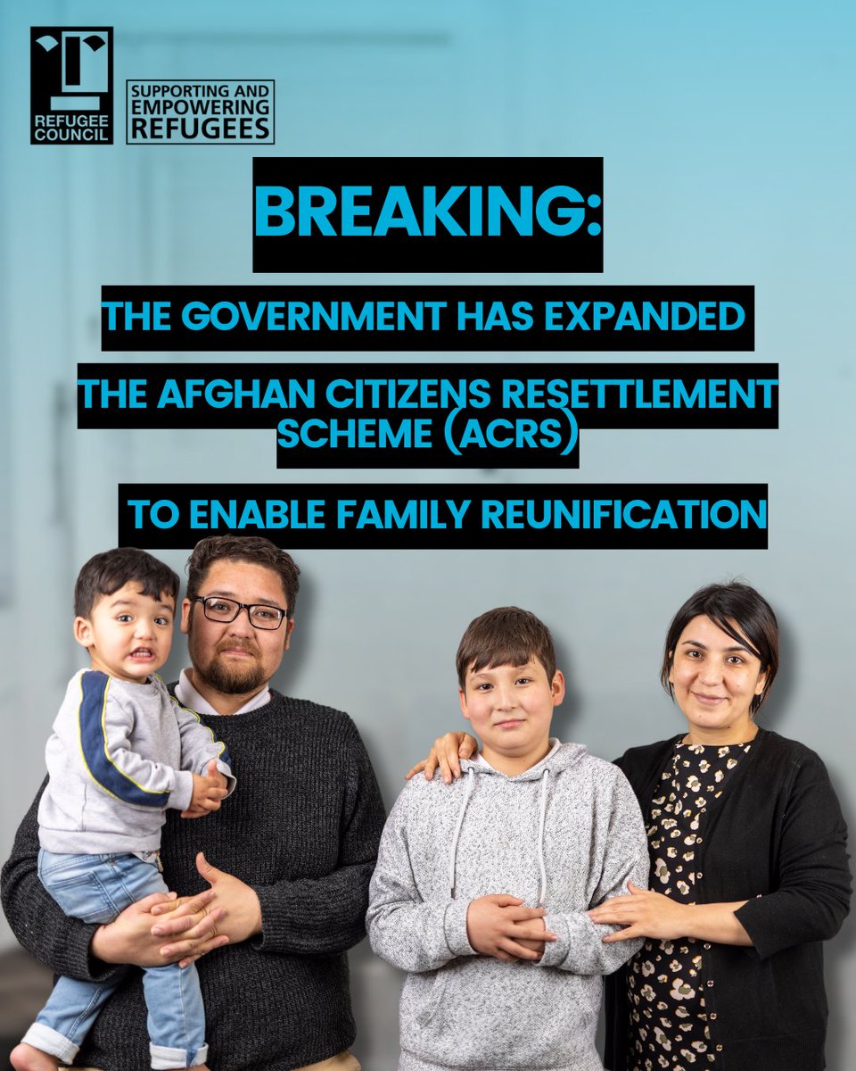refugeecouncil's tweet photo. 📢BREAKING! We're excited to share that the Afghan Citizens Resettlement Scheme (ACRS) now allows family reunification for those separated during the Kabul evacuation in 2021. This means some Afghans can refer their closest family members for relocation to the UK.🧵 https://t.co/lgHdM9qbNe