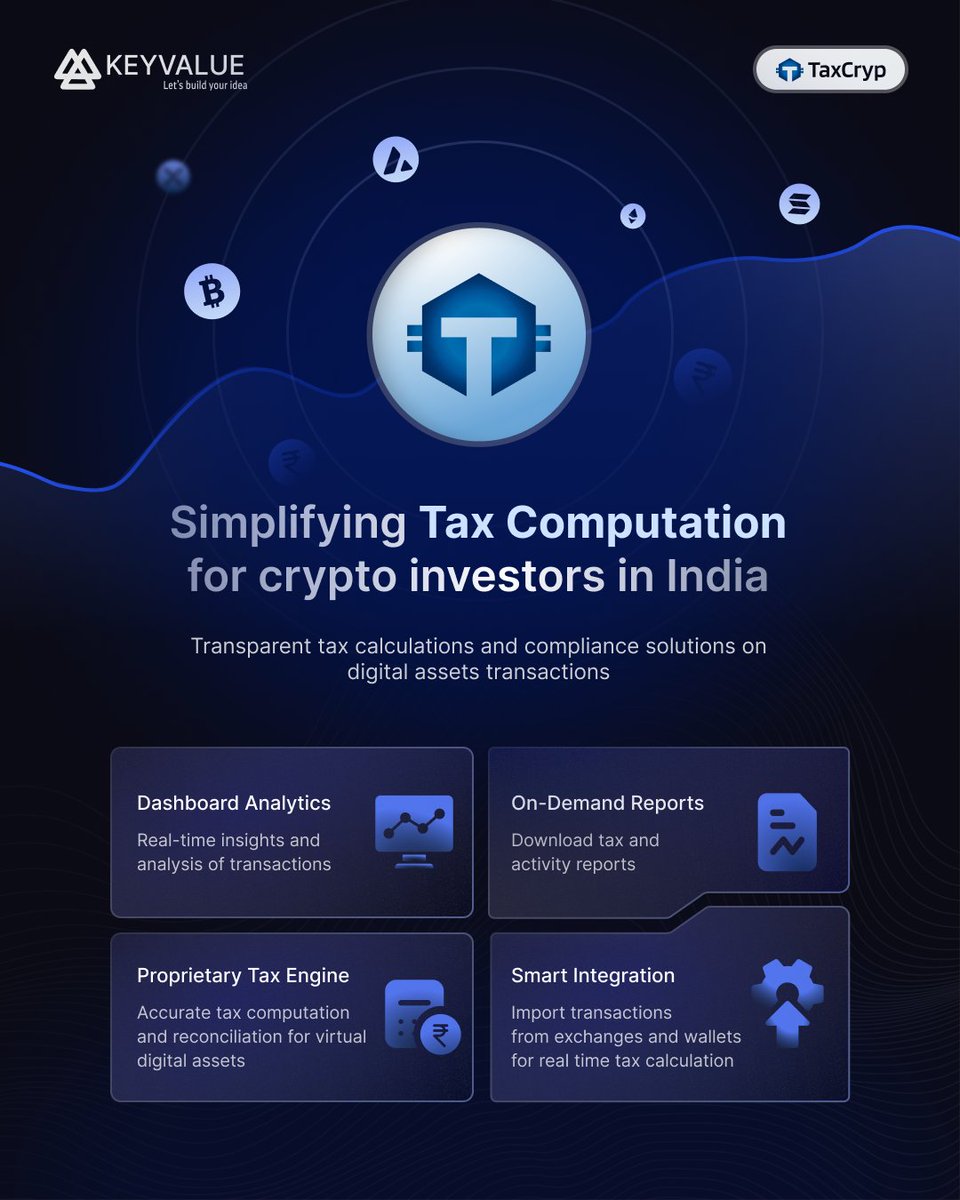 KeyValueSystems's tweet image. TaxCryp has simplified tax computation and tracking for crypto investors in India for over 2 years, easing the burden, and streamlining ITR filing for crypto enthusiasts. 
#TaxCryp #CryptoTaxes #ITRFiling