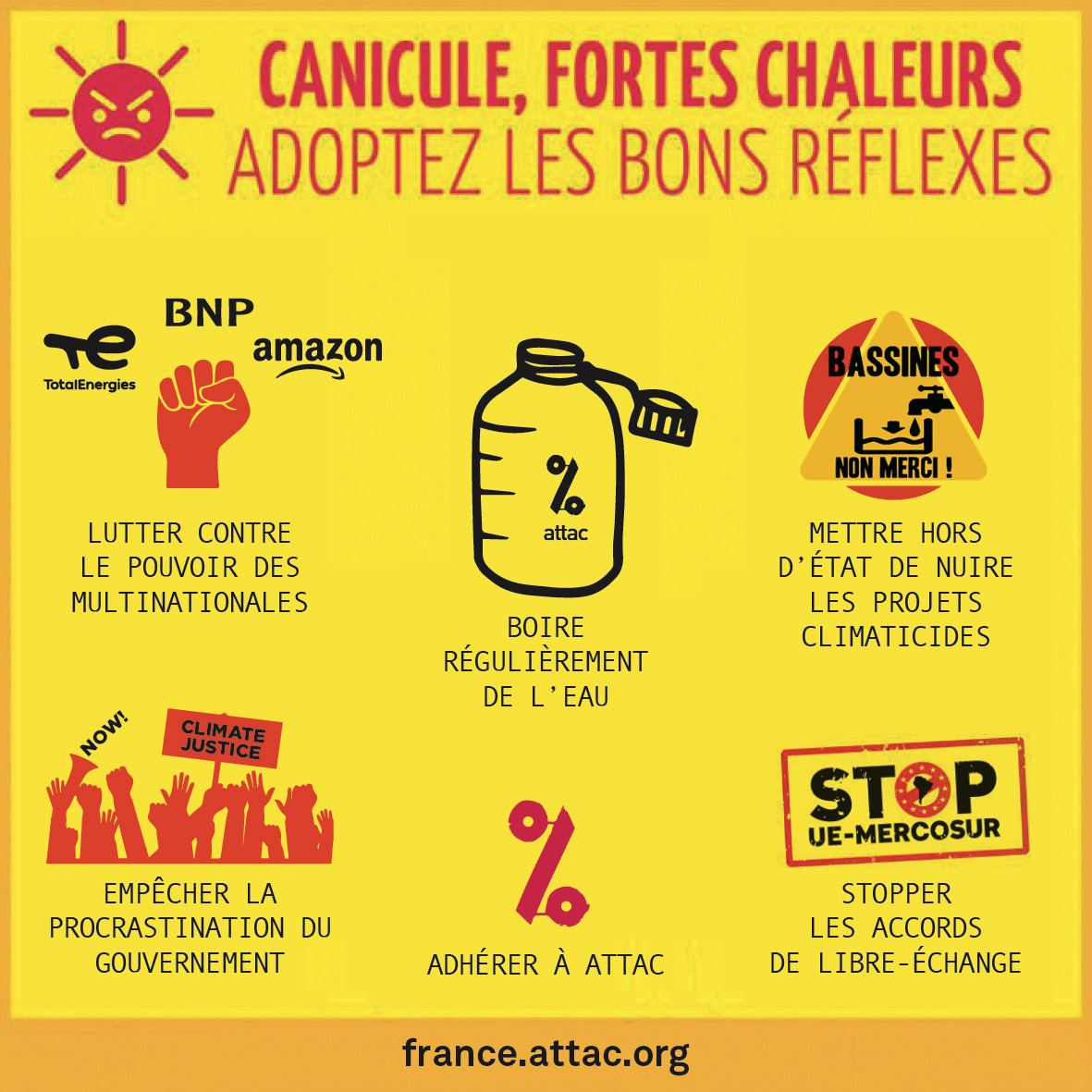 attac_fr's tweet photo. 🌡️Les thermomètres ne vont cesser de battre des records de chaleur dans les années à venir (https://t.co/rsJBD2LaKQ).

Alors face aux canicules, fortes chaleurs... adoptez les bons réflexes !

🤝Adhérer à Attac ➡️ https://t.co/g1Ku8sjIXK

#StopTotal #DésarmerBolloré #megabassines https://t.co/OVDpVAe43l