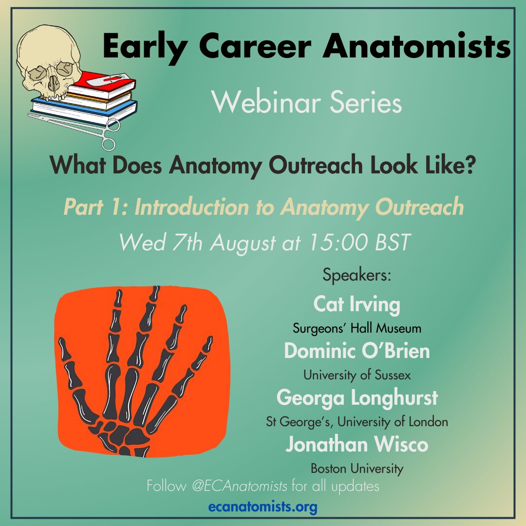 Early Career Anatomists (@ecanatomists) on Twitter photo We're excited to present to you a new webinar series focused on Anatomy Outreach! 🧠
Organised by ECA's Outreach Officer, Andrew Marken (<a href="/drewmarken/">Andrew Marken</a>), this 3-part series will introduce you to anatomy outreach and help you to plan and design your own sessions.
The first part We're excited to present to you a new webinar series focused on Anatomy Outreach! 🧠
Organised by ECA's Outreach Officer, Andrew Marken (<a href="/drewmarken/">Andrew Marken</a>), this 3-part series will introduce you to anatomy outreach and help you to plan and design your own sessions.
The first part