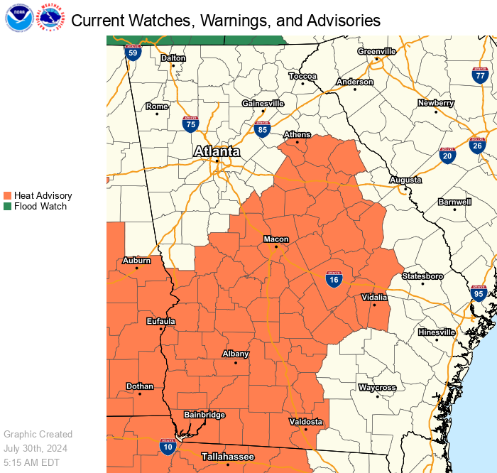 NWSAtlanta's tweet photo. A Heat Advisory is in effect from 11 AM this morning until 8 PM this evening roughly along and south of a line from Columbus to Athens. Heat index values across this area will be 105-107 degrees. Plan on increasing temperatures over the next several days. 🙃 #gawx https://t.co/NFwVUJXC3O