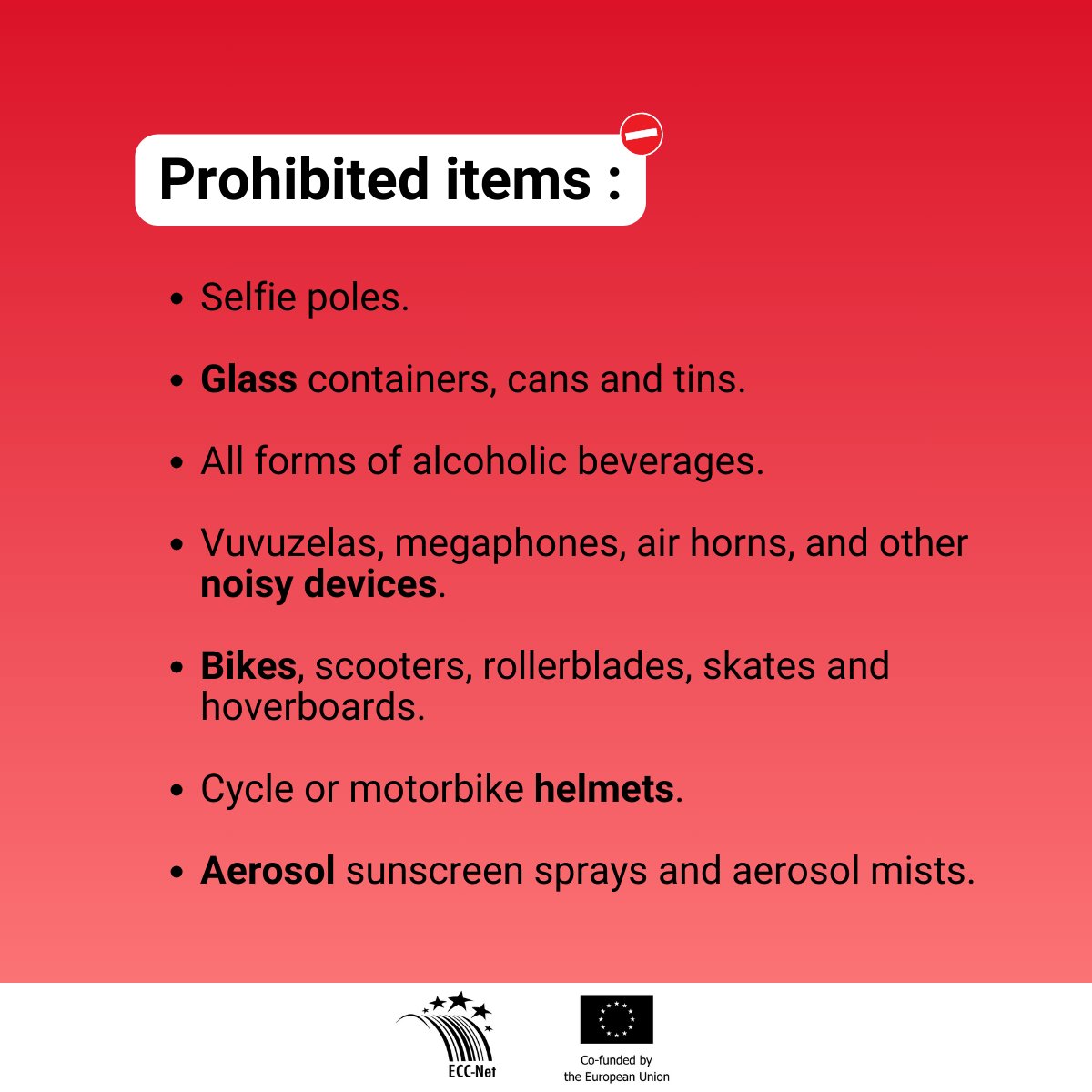 ECCFrance's tweet photo. 🛑 Before heading to the Olympic Games stadium, make sure to leave these items at home!
For more details ⬇️ : https://t.co/Xr7fqLC2EO #ObjetsInterdits #Paris2024 #JO @dgccrf @Olympics https://t.co/VJuYOgIHXa