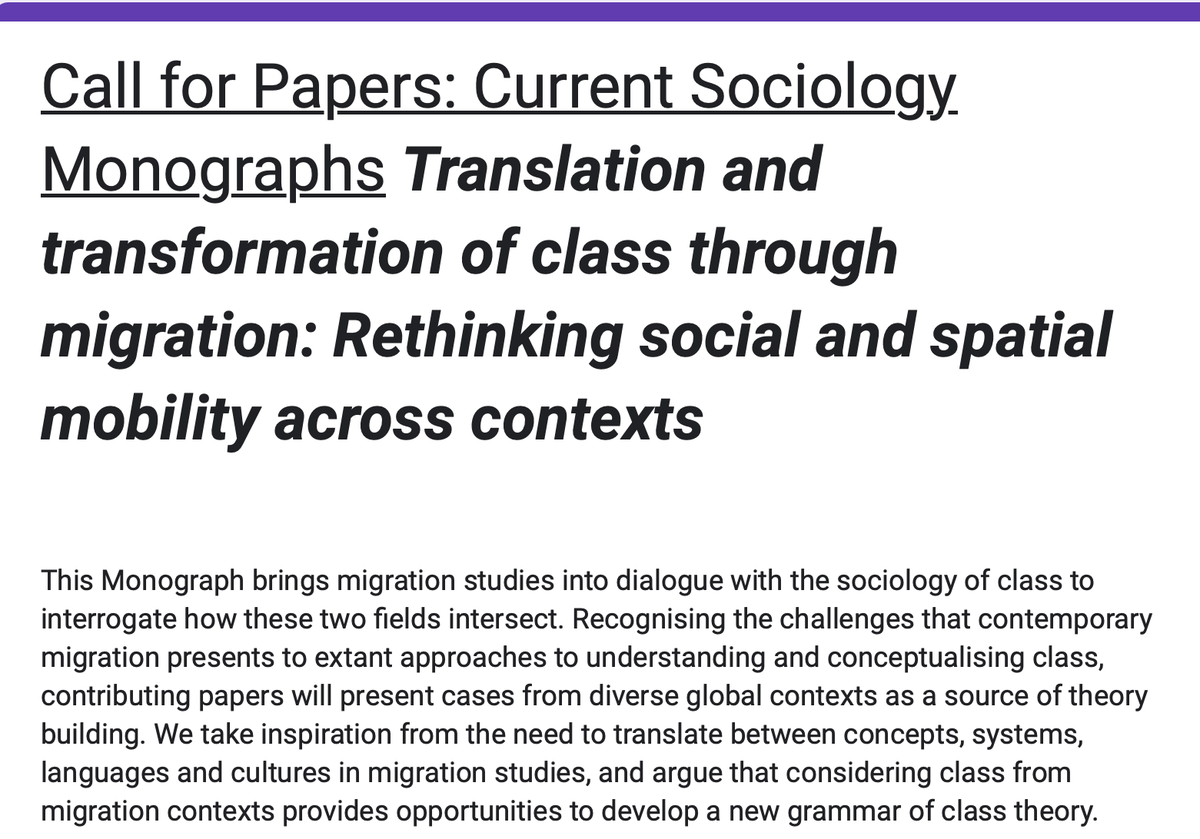 ProfJoyZhang's tweet image. Really pleased to see that the @isa_sociology RC31&apos;s successful sessions last year have evolved into a @CurrentSociolog special issue: 
&quot;Translation and Transformation of Class through Migration&quot; @CatFStevens @coates_jamie &amp;amp; M Cederberg
Abstract by 1 Sept: docs.google.com/forms/d/e/1FAI…