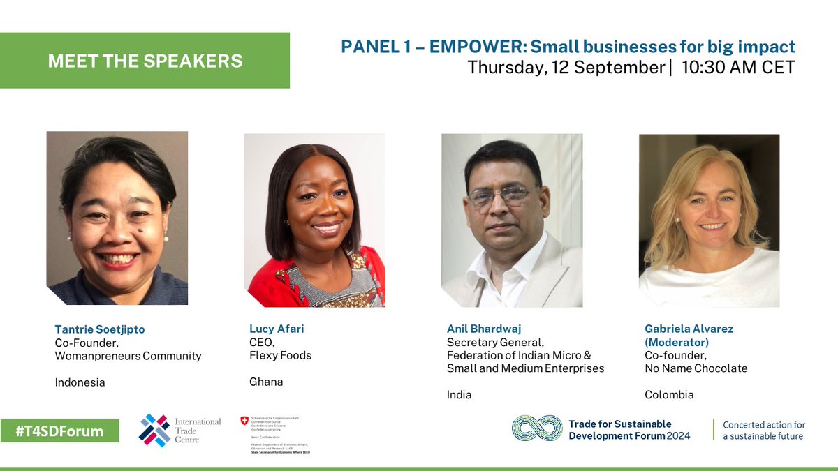 ITC_sustainable's tweet photo. #SmallBusinesses, representing 90% of global companies, are pivotal in building a sustainable and inclusive future. Join our first #T4SD Forum panel to hear from experts in 🇮🇩 🇬🇭 🇮🇳 🇨🇴 on challenges &amp; solutions for small businesses.

Register now!🔗https://t.co/zVZXCouTbB https://t.co/YwjXiqLgOO
