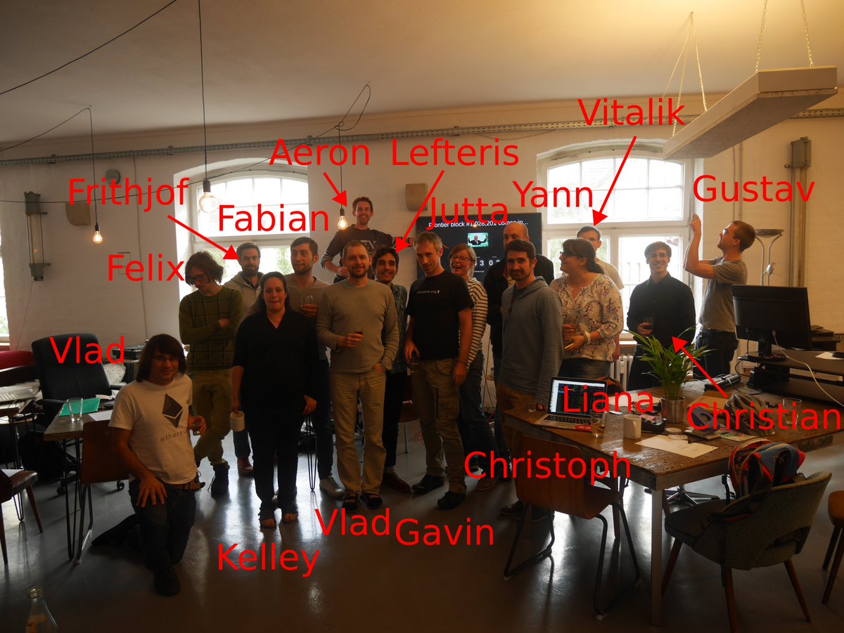 Many people are asking about who is who in that picture from my phone back on Ethereum's launch day.

So here we go with what I remember. Starting from Vitalik and going clockwise.

Vitalik - <a href="/VitalikButerin/">vitalik.eth</a> 
Gustav Simonsson - worked with us a bit and then went on to Dfinity