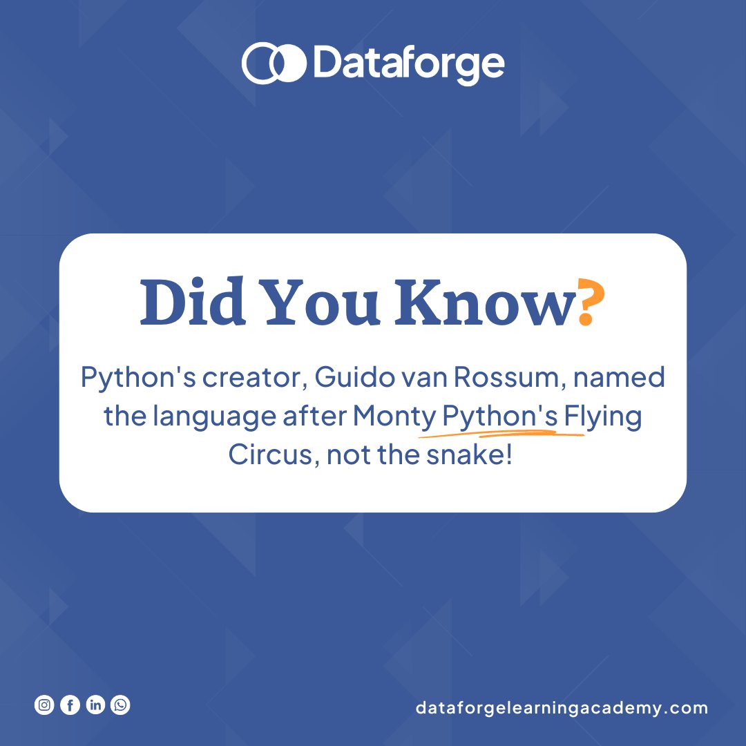 DataForge_LA's tweet image. ✨ Fun Fact Friday.
Ever wondered why Python is called Python? 🤔 It's not about the reptile!
This programming language is a nod to the hilarious Monty Python's Flying Circus.
#pythonlove #geekhumor #codingfun