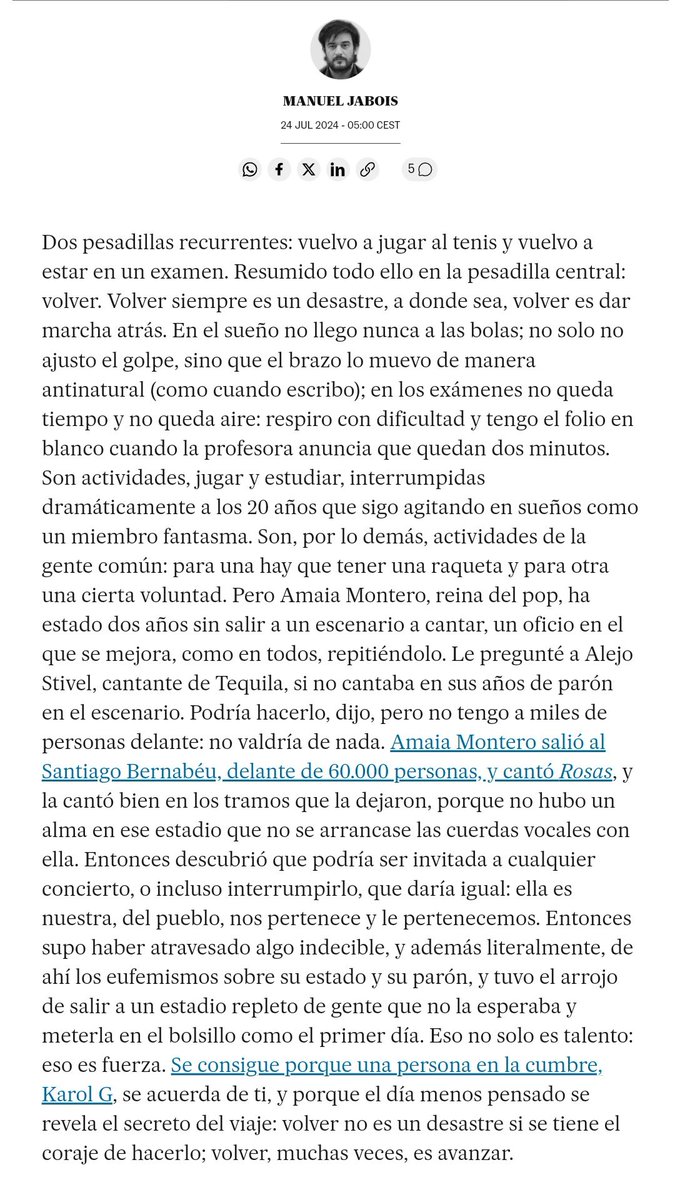 J_clmnte's tweet photo. Esta columna de Jabois.

«Volver no es un desastre si se tiene el coraje de hacerlo; volver, muchas veces, es avanzar». https://t.co/3LQe9qAoK5