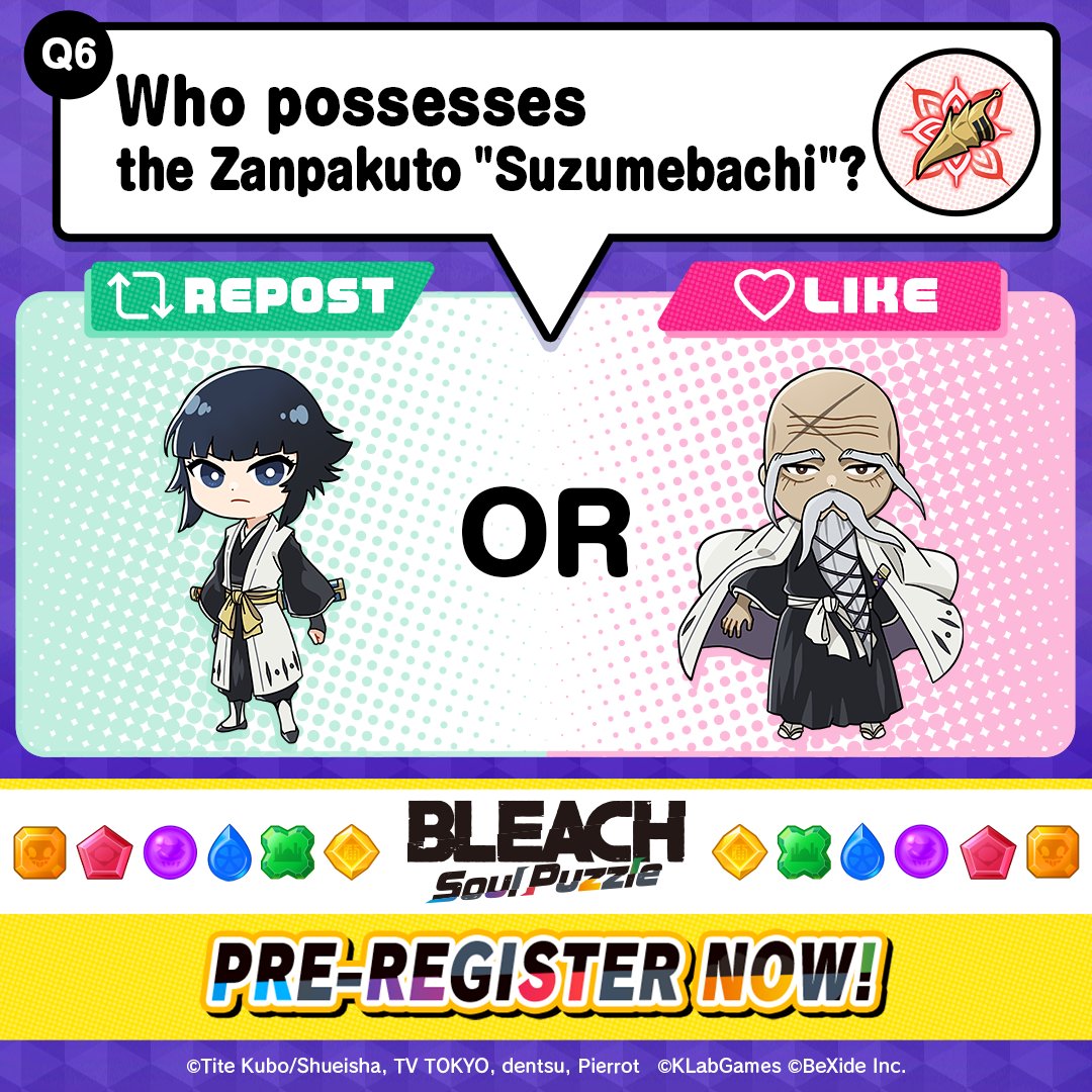 BLEACHPuzzle_en's tweet image. If a majority answers 4 Qs or more correctly, we'll organize a gift campaign!

Q6 out of 7
"Like" or "RP" according to what you think is the correct answer.

／
┃ #BLEACHPuzzle Pre-Registration Now Open!┃
＼

▼Pre-Register Now
tinyurl.com/muwyhaft