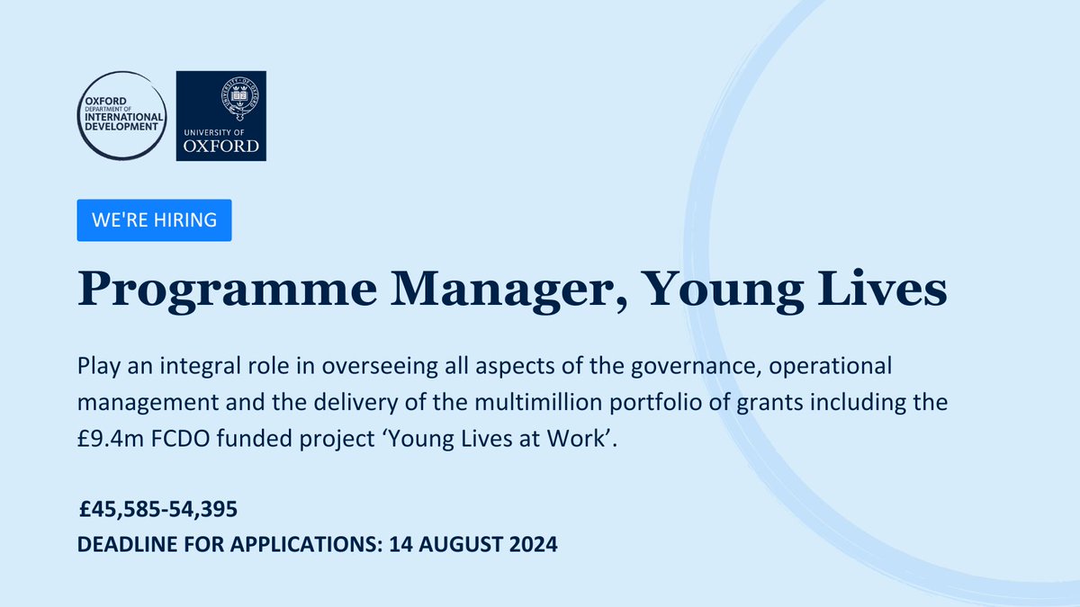 ODID (@odid_qeh) on Twitter photo ๐จ Weโre hiring!
Exciting opportunity for a Programme Manager to lead the governance and operational management of the multimillion <a href="/yloxford/">Young Lives</a> programme.
Work closely with a global and dynamic team.
๐
Apply by: 14 August
๐ Job details: qeh.ox.ac.uk/vacancy/prograโฆ ๐จ Weโre hiring!
Exciting opportunity for a Programme Manager to lead the governance and operational management of the multimillion <a href="/yloxford/">Young Lives</a> programme.
Work closely with a global and dynamic team.
๐
Apply by: 14 August
๐ Job details: qeh.ox.ac.uk/vacancy/prograโฆ