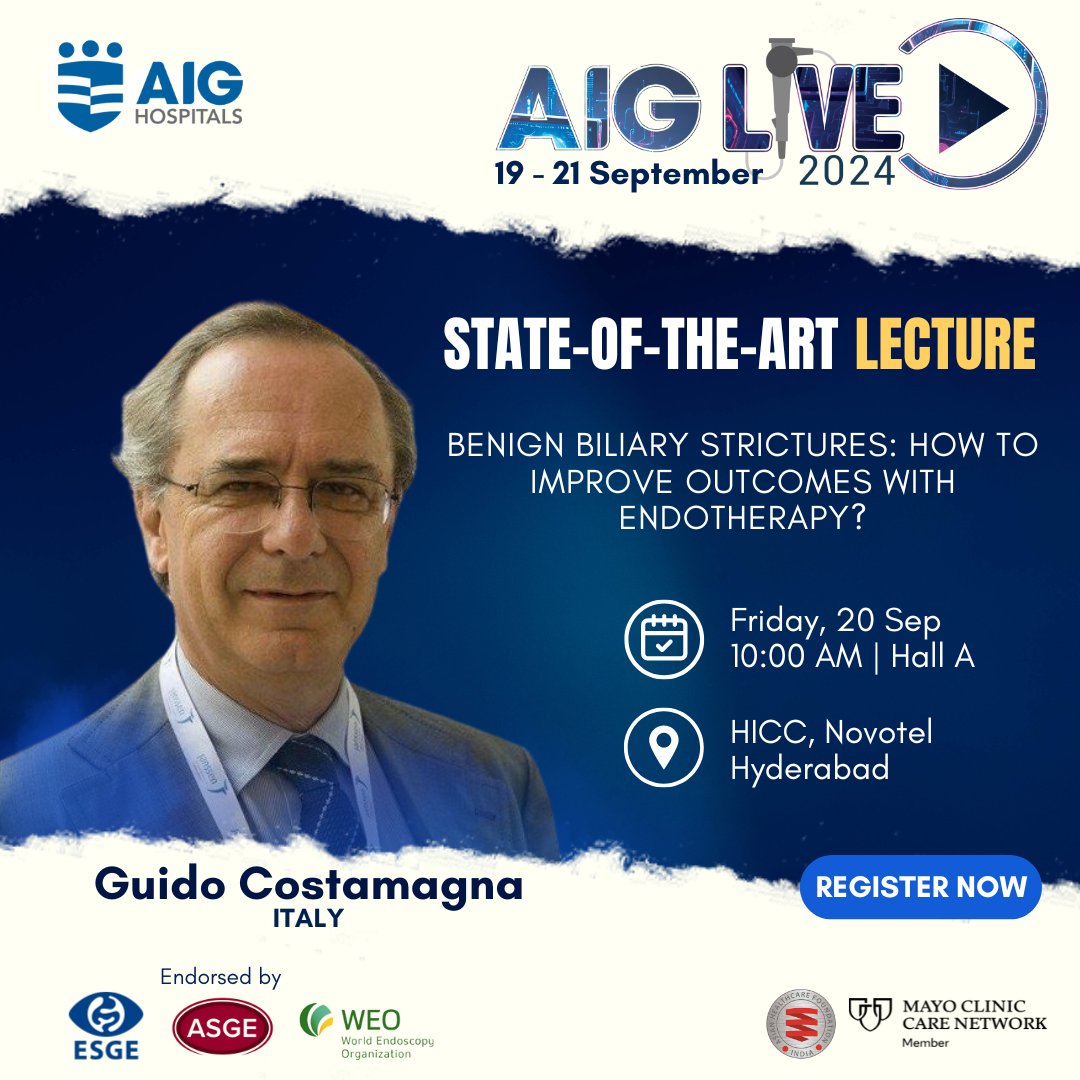 The countdown for the biggest LIVE GI Endoscopy Workshop, #AIGLIVE2024 has begun. Presenting the state-of-the-art lectures featuring some of the stalwarts of #GIEndoscopy, #GuidoCostamagna, #HorstNeuhaus, and #JacquesDevière who will be unfolding the best practice strategies for