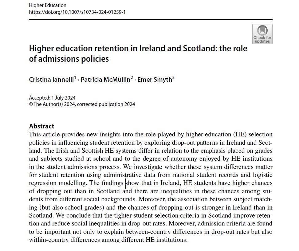 📢New comparative study investigating the importance of national admissions policies for higher education retention in Ireland and Scotland with <a href="/patriciamcmull7/">Dr. Patricia McMullin</a> and #EmerSmyth now published online (open access) in Higher Education: <a href="/MorayHouse/">Moray House School of Education and Sport</a> <a href="/EdinburghUni/">The University of Edinburgh</a> <a href="/UniTurku/">Turun yliopisto - University of Turku</a> <a href="/ESRIDublin/">Economic and Social Research Institute (ESRI)</a>