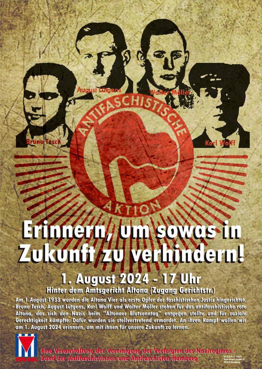 #Gedenkveranstaltung - 91. Jahrestag der Hinrichtung der #AltonaVier Sie waren die ersten Opfer der faschistischen Justiz. Sie sind unvergessen, waren und bleiben: #Viervonuns!✊
#keinvergessen #antifa #Blutsonntag #Altona <a href="/SebFriedrich/">Sebastian Friedrich</a> <a href="/Blutsonntag32/">Ein Denkmal für den Walter-Möller Park</a> <a href="/AntifaAltonaOst/">Antifa Altona Ost</a> <a href="/Antifa309/">Antifa 309</a>